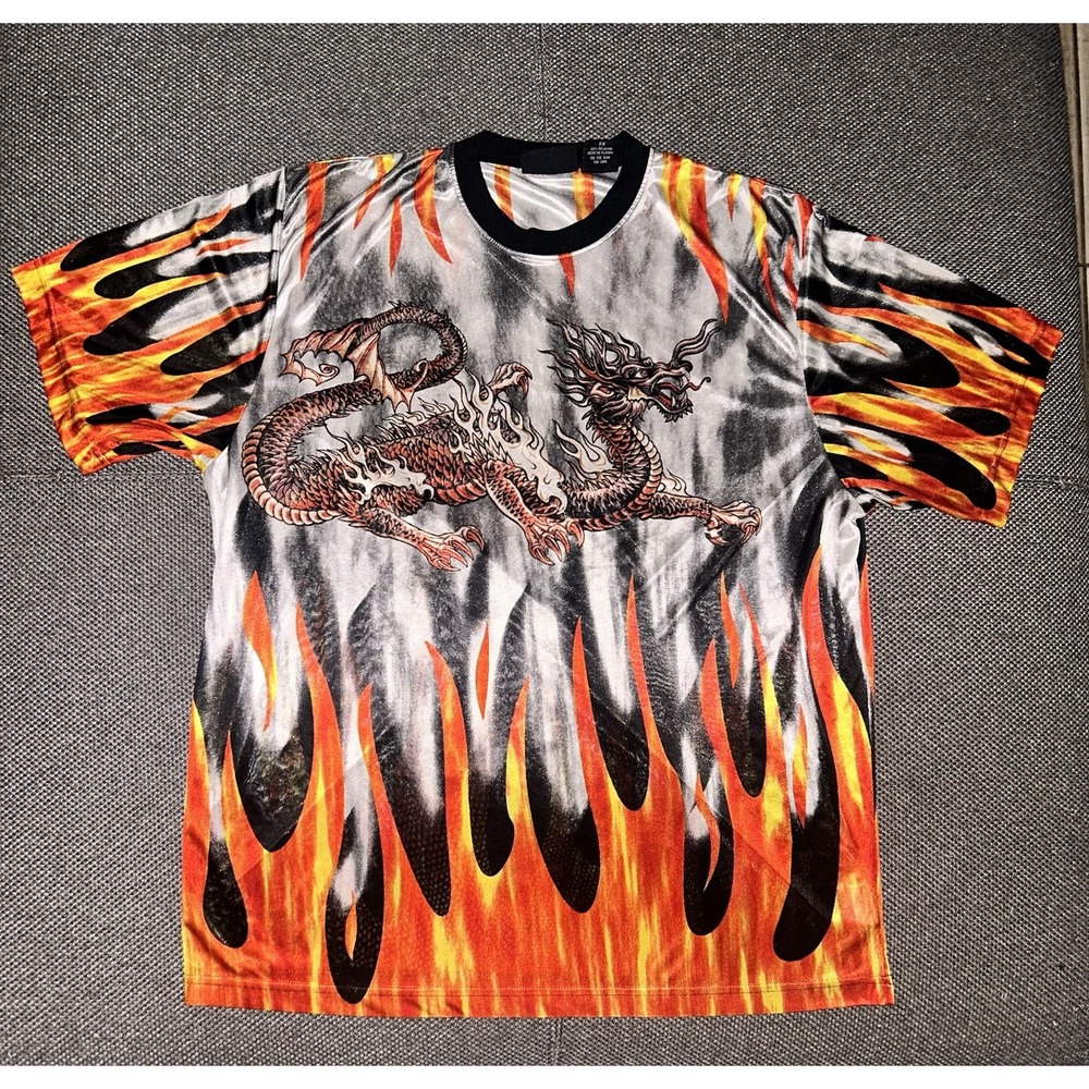 Vintage Y2K No Boundaries Shanghai Dragon Flames All Over Print T Shirt Mens XL
